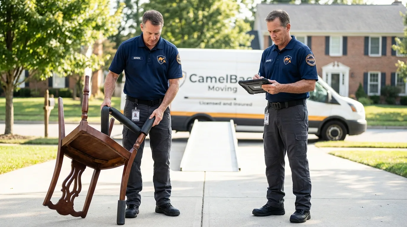 Movers inspecting furniture for damage prevention before loading in Burkesville, KY
