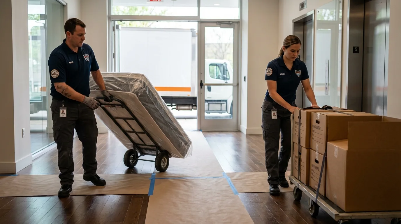Professional apartment movers loading elevator in Burkesville, KY