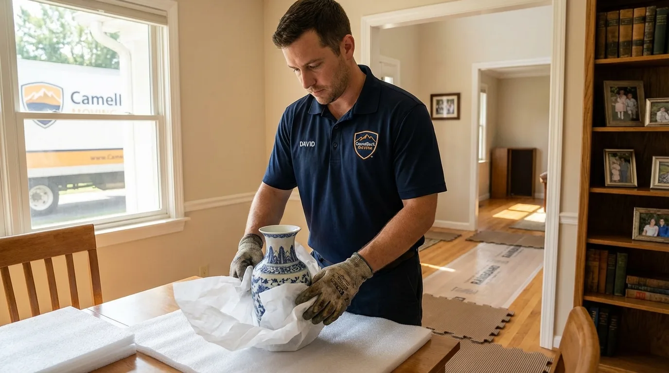 Professional crew carefully wrapping antique vase for senior downsizing move in Burkesville, KY